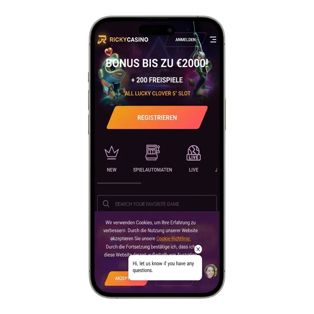 Phone showing Ricky Casino app with pokies, live casino, sports bets and AU$7,500 + 550 free spins welcome bonus