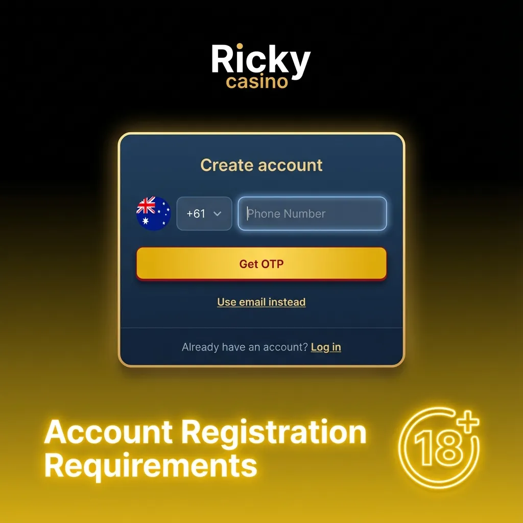 Illustrated checklist of Ricky casino account rules in Australia, including age, single account, true info, and legal compliance