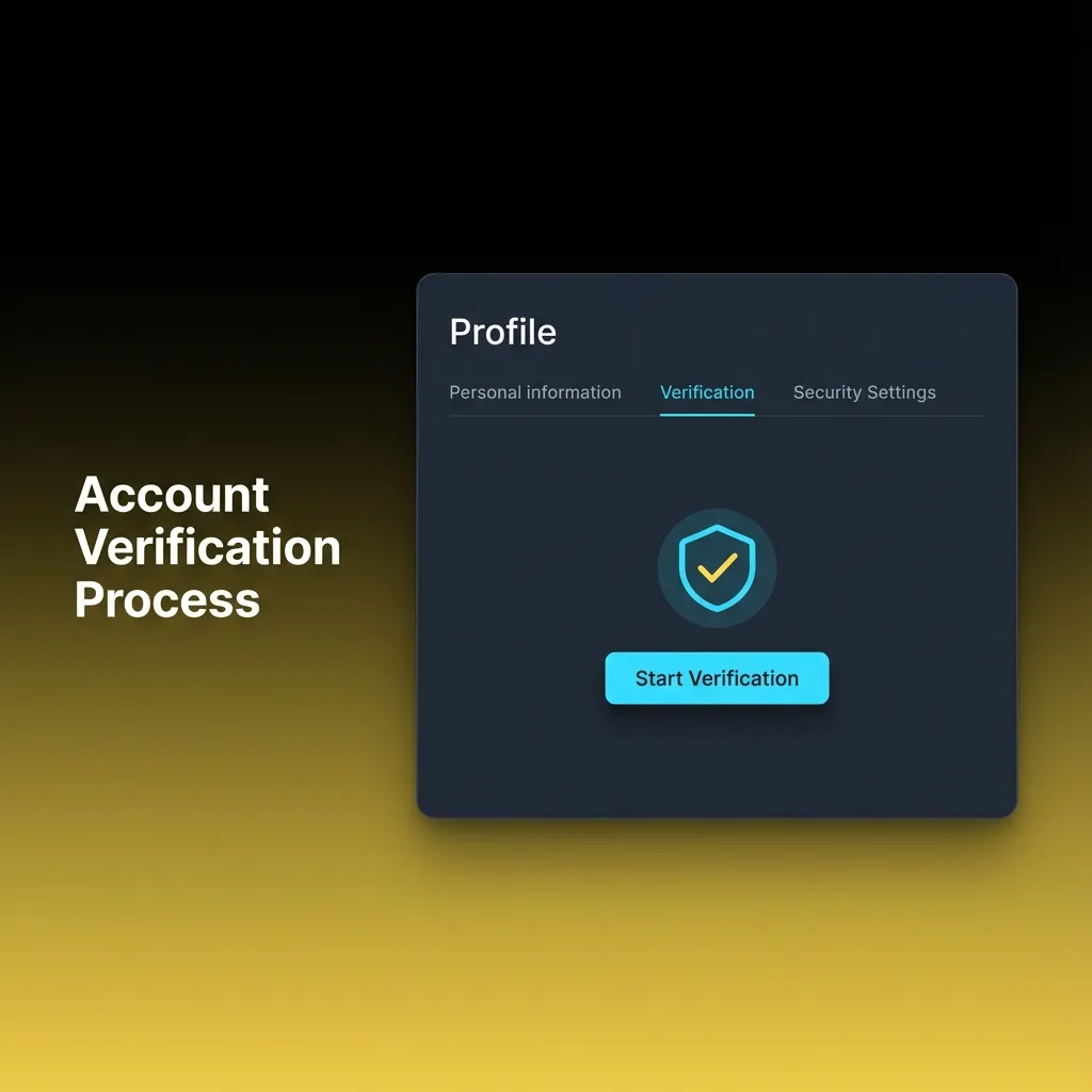 Illustrated account verification steps: profile form, ID and address upload, payment proof, and security review icons