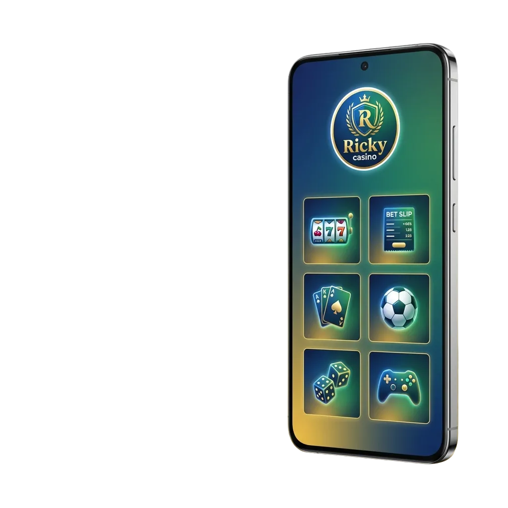 Smartphone displaying the Ricky casino Android app with options for sports betting, pokies, and live tables in Australia