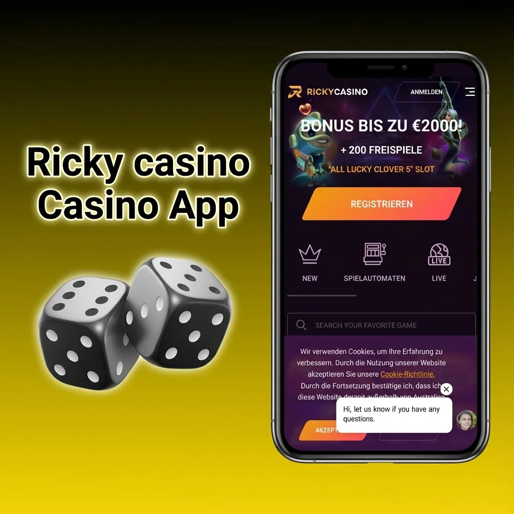 Ricky casino app interface on a smartphone showing slots, live dealer tables, and quick sports betting and casino tabs