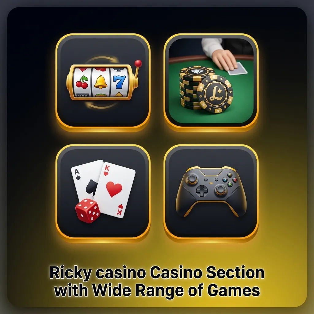 Ricky casino lobby screen showing slots, card games, roulette, video poker, instant and jackpot game categories