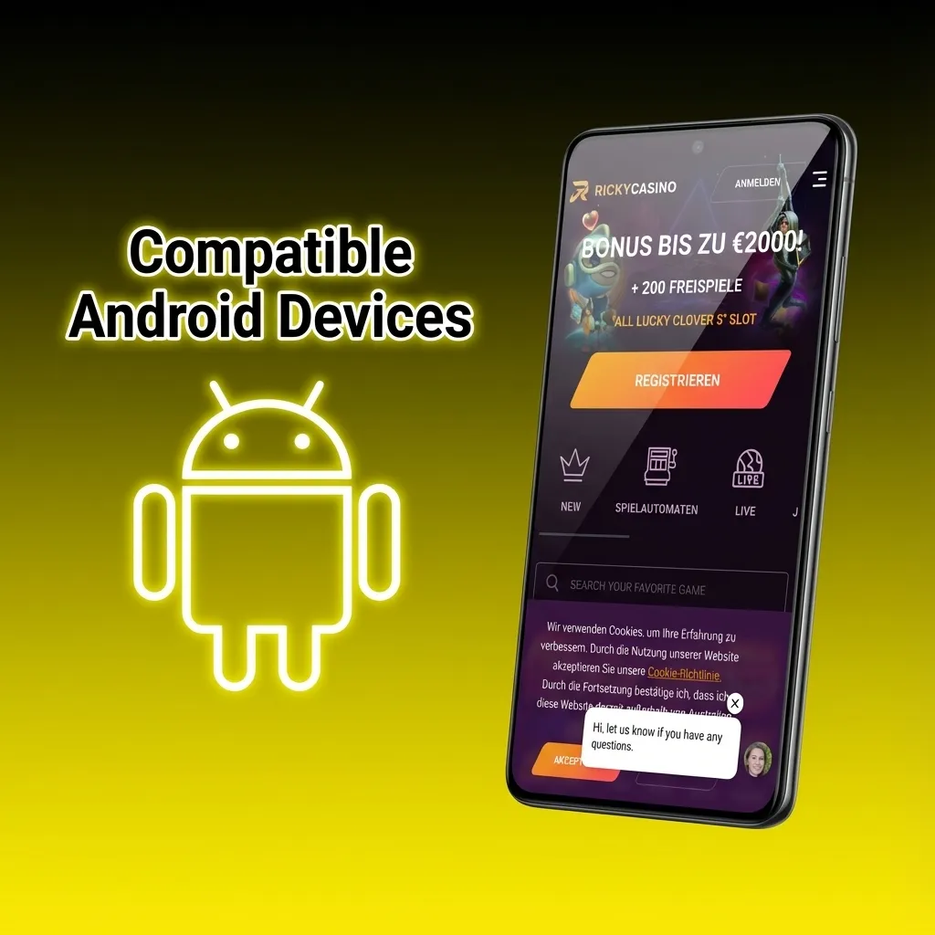 Grid of popular Android phones and tablets in Australia that support the Ricky casino app, including Samsung, Pixel, OPPO