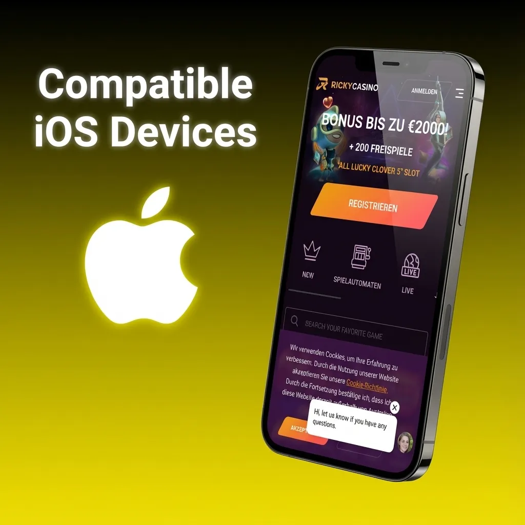 Chart listing compatible Apple iPhone X–15 and recent iPad models for the Ricky casino iOS app