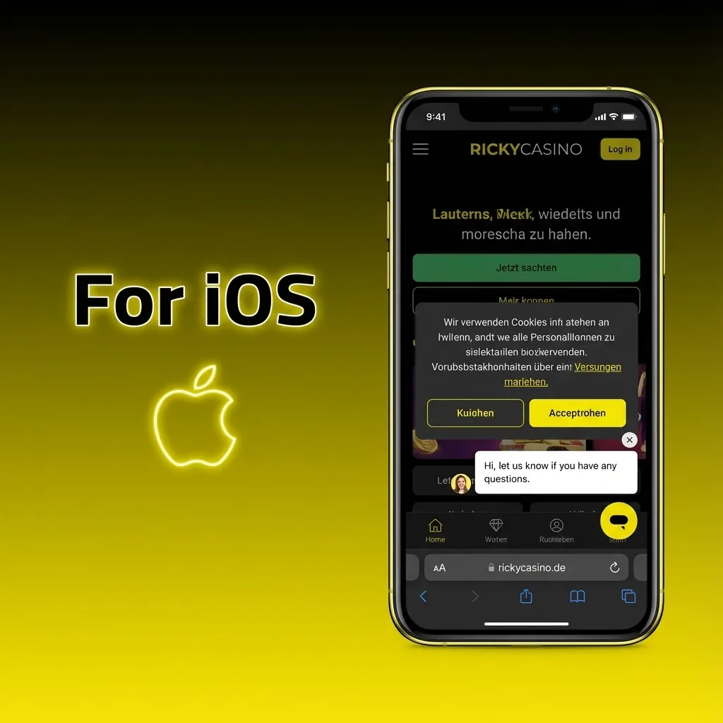 iPhone showing Ricky casino site in Safari with App Store banner and Add to Home Screen prompt for installing or PWA access