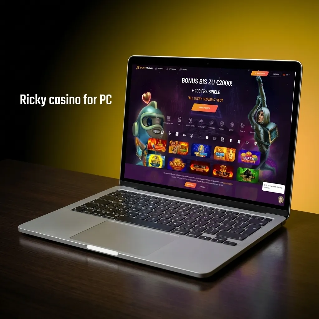 Laptop screen showing the Ricky casino homepage with game tiles and menu options on a desktop browser
