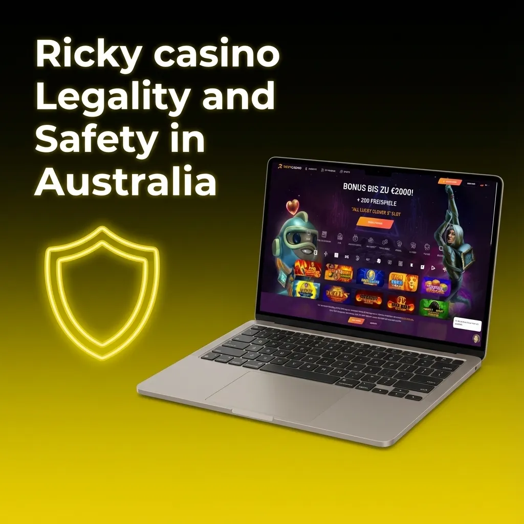 Ricky Casino website on a laptop with security icons, Curacao licence badge, and Australian flag in the background