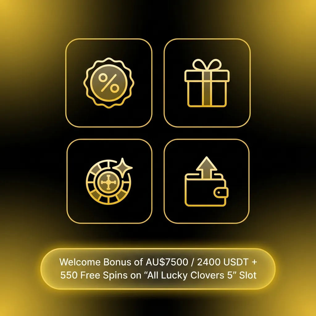 Banner showing AU$7,500 / 2400 USDT welcome bonus and 550 free spins for All Lucky Clovers 5 slot for new AU players